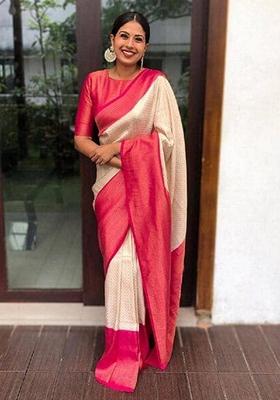 Cream Machine Embroidered Banarasi Silk Saree Set