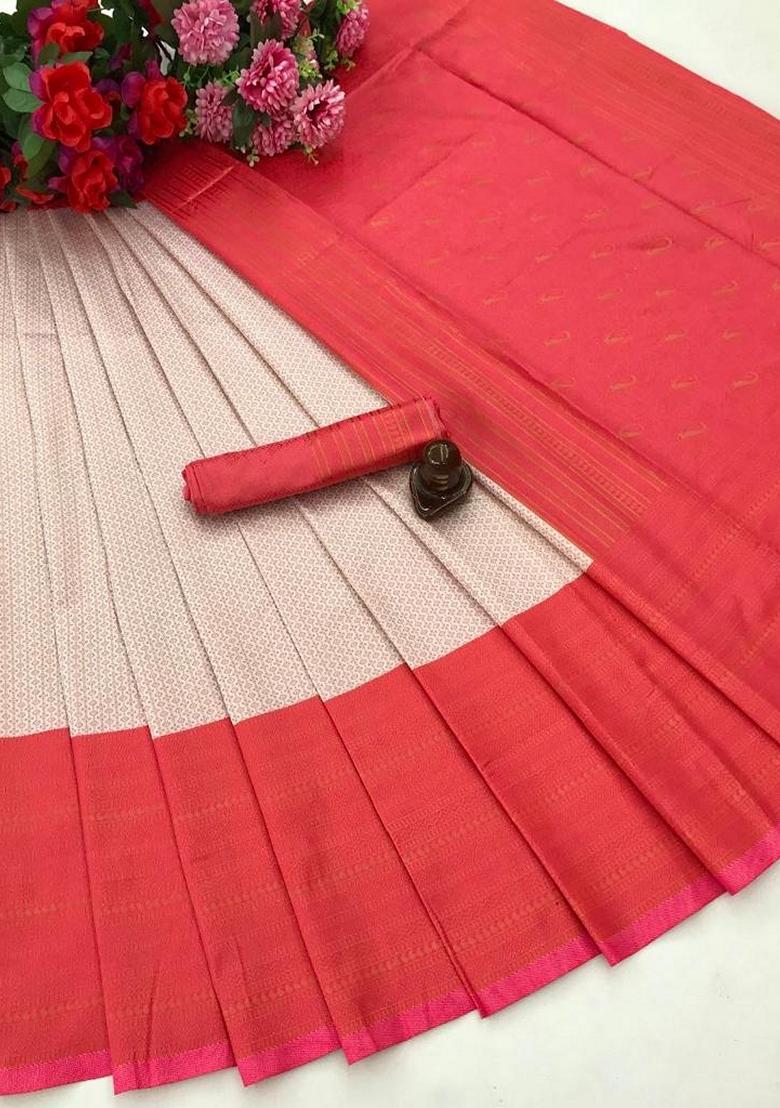 Cream Machine Embroidered Banarasi Silk Saree Set