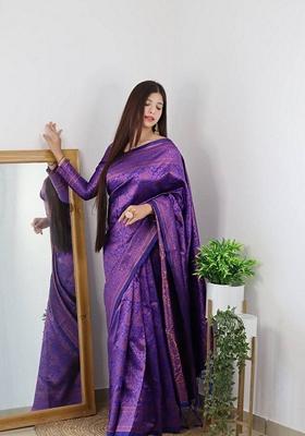 Blue Machine Embroidered Banarasi Silk Saree Set