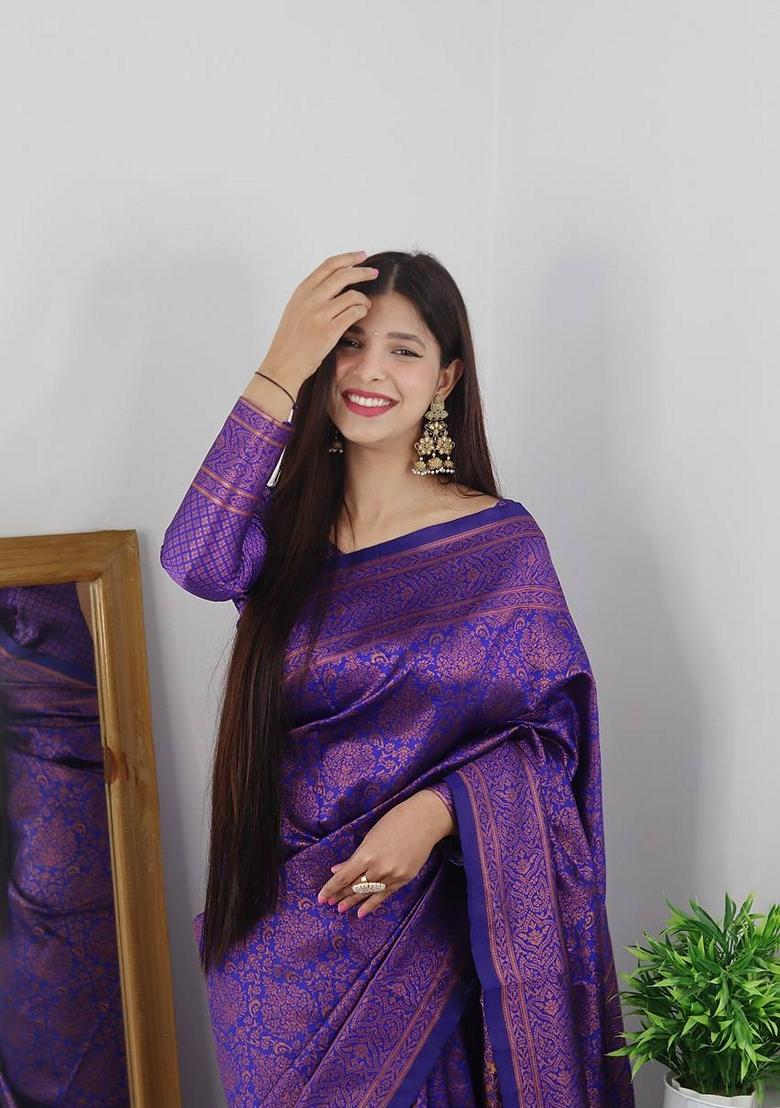 Blue Machine Embroidered Banarasi Silk Saree Set