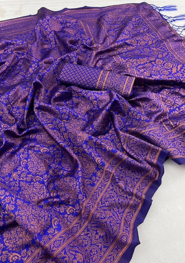 Blue Machine Embroidered Banarasi Silk Saree Set