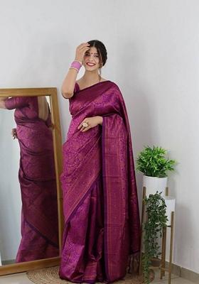Purple Machine Embroidered Banarasi Silk Saree Set