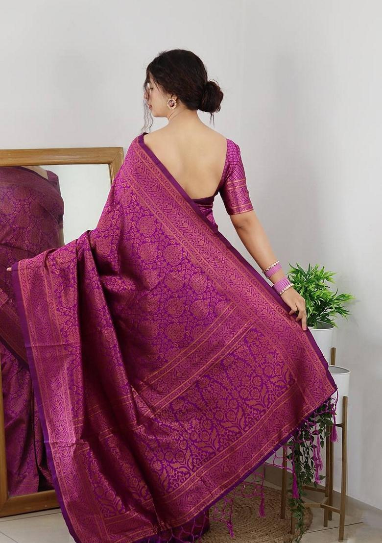 Purple Machine Embroidered Banarasi Silk Saree Set