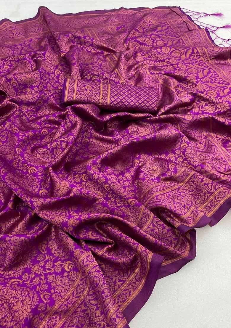 Purple Machine Embroidered Banarasi Silk Saree Set