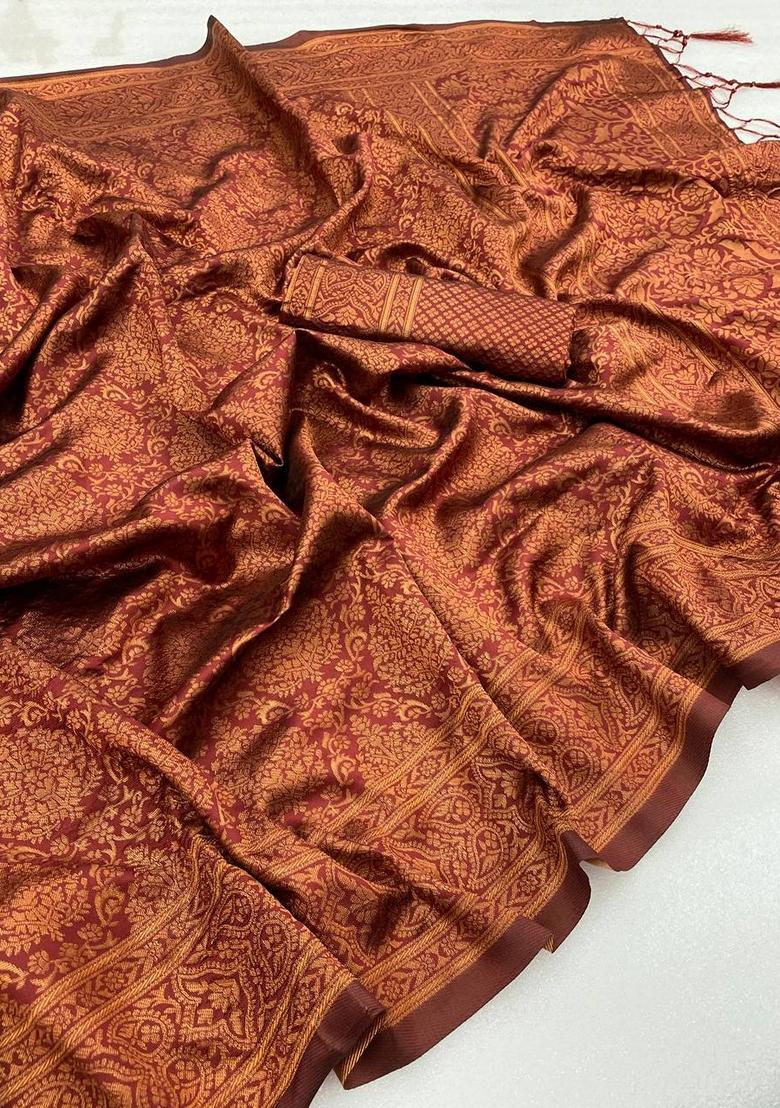 Brown Machine Embroidered Banarasi Silk Saree Set