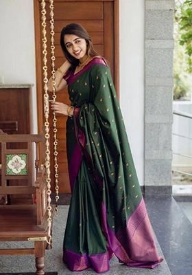 Green Machine Embroidered Banarasi Silk Saree Set