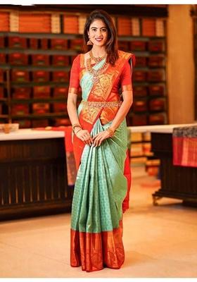 Pista Green Machine Embroidered Banarasi Silk Saree Set