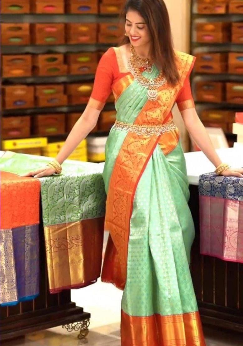 Pista Green Machine Embroidered Banarasi Silk Saree Set