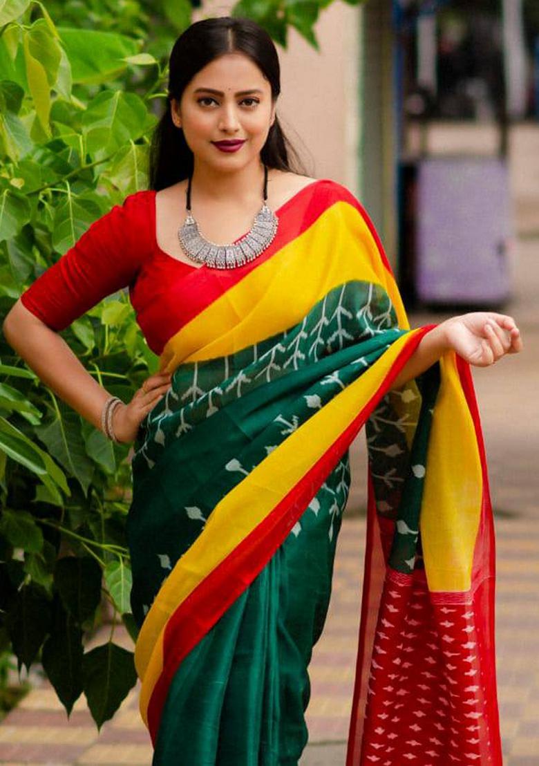 Green Machine Embroidered Linen Saree Set