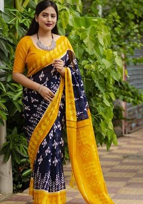 Navy Blue Machine Embroidered Linen Saree Set