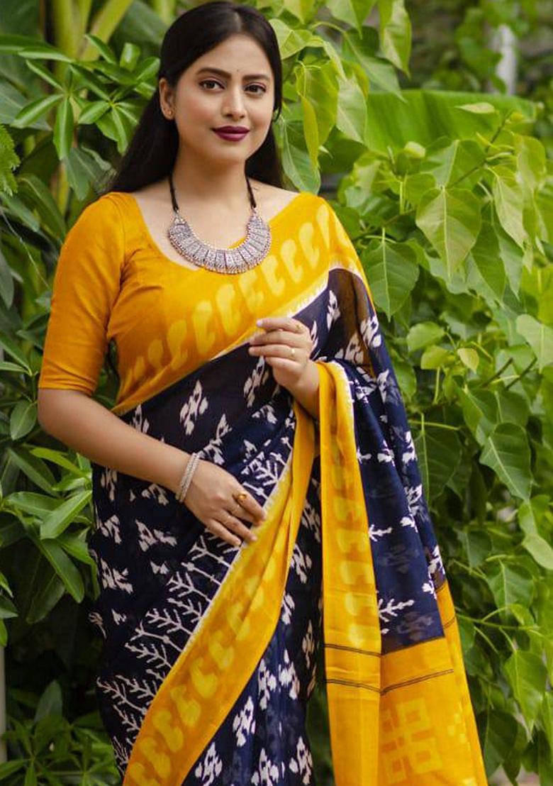 Navy Blue Machine Embroidered Linen Saree Set