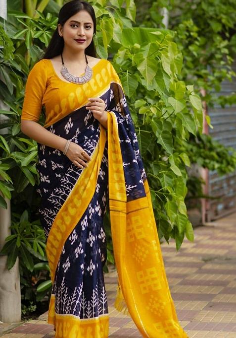 Navy Blue Machine Embroidered Linen Saree Set