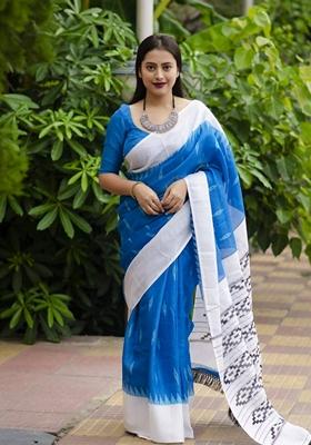 Blue Machine Embroidered Linen Saree Set