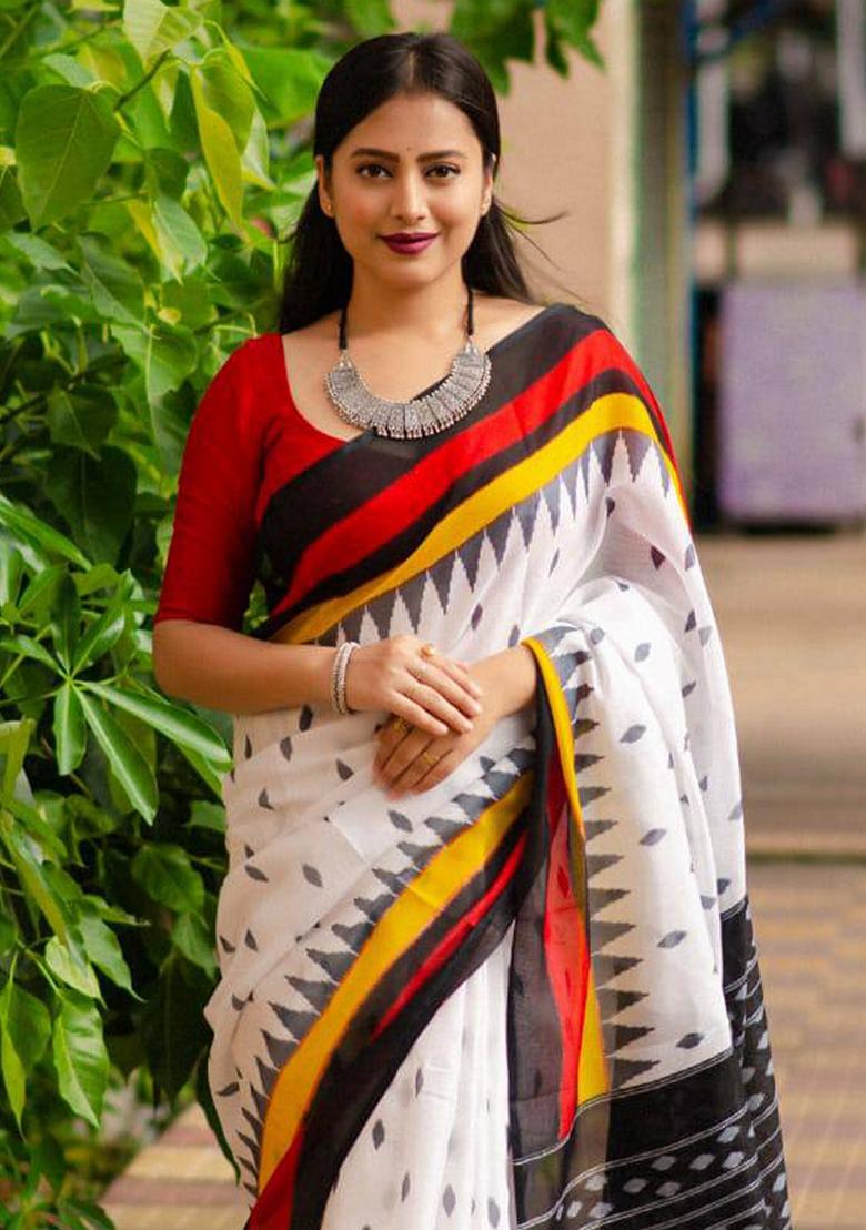 White Machine Embroidered Linen Saree Set