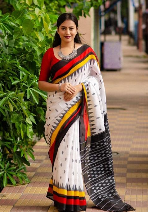 White Machine Embroidered Linen Saree Set