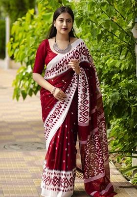 Maroon Machine Embroidered Linen Saree Set