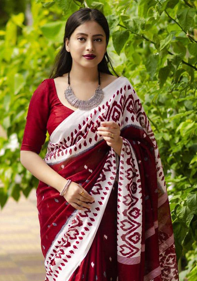 Maroon Machine Embroidered Linen Saree Set