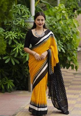 Yellow Machine Embroidered Linen Saree Set