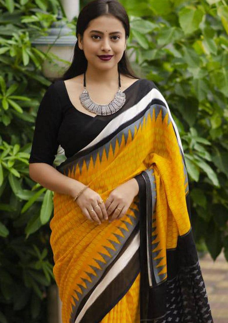 Yellow Machine Embroidered Linen Saree Set