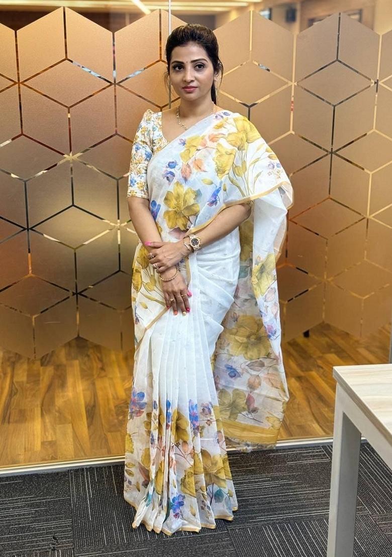 White Machine Embroidered Linen Saree Set