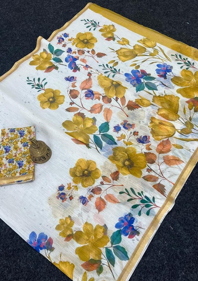 White Machine Embroidered Linen Saree Set