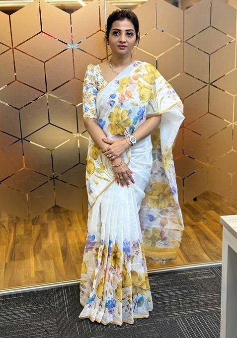 White Machine Embroidered Linen Saree Set