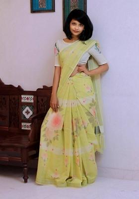 Yellow Machine Embroidered Linen Saree Set