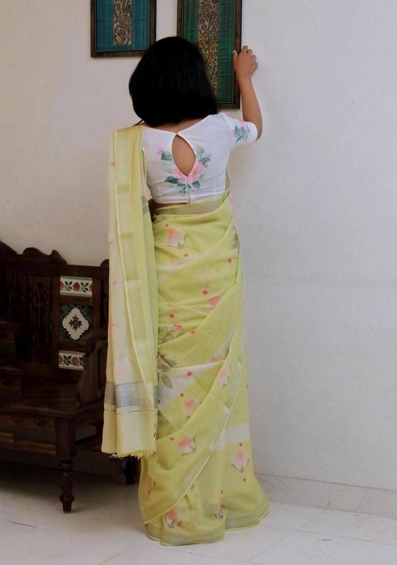 Yellow Machine Embroidered Linen Saree Set