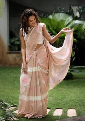 Peach Machine Embroidered Linen Saree Set