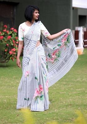 Grey Machine Embroidered Linen Saree Set