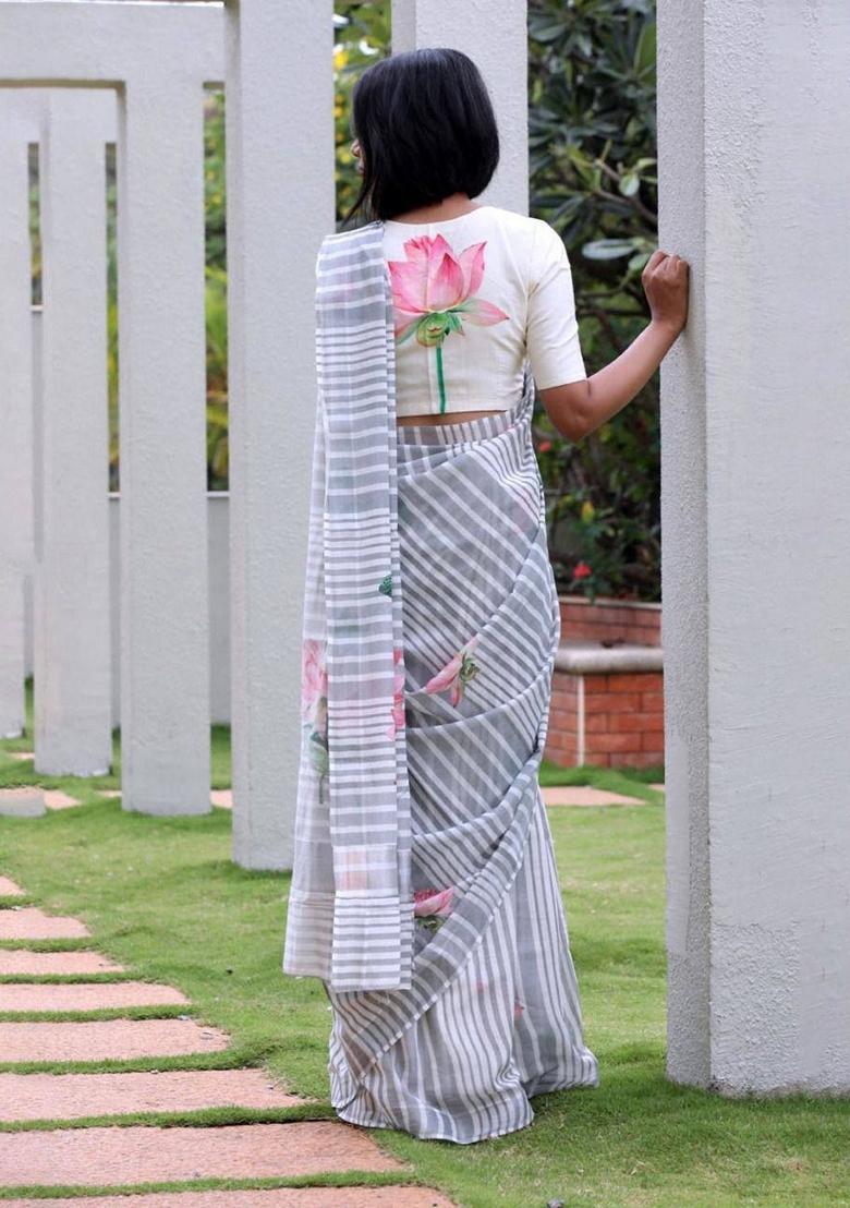 Grey Machine Embroidered Linen Saree Set