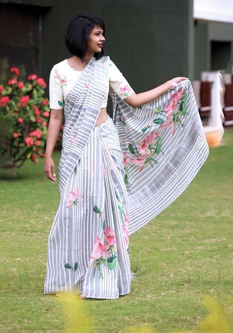 Grey Machine Embroidered Linen Saree Set