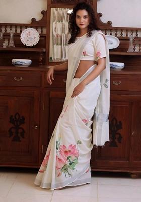 White Machine Embroidered Linen Saree Set