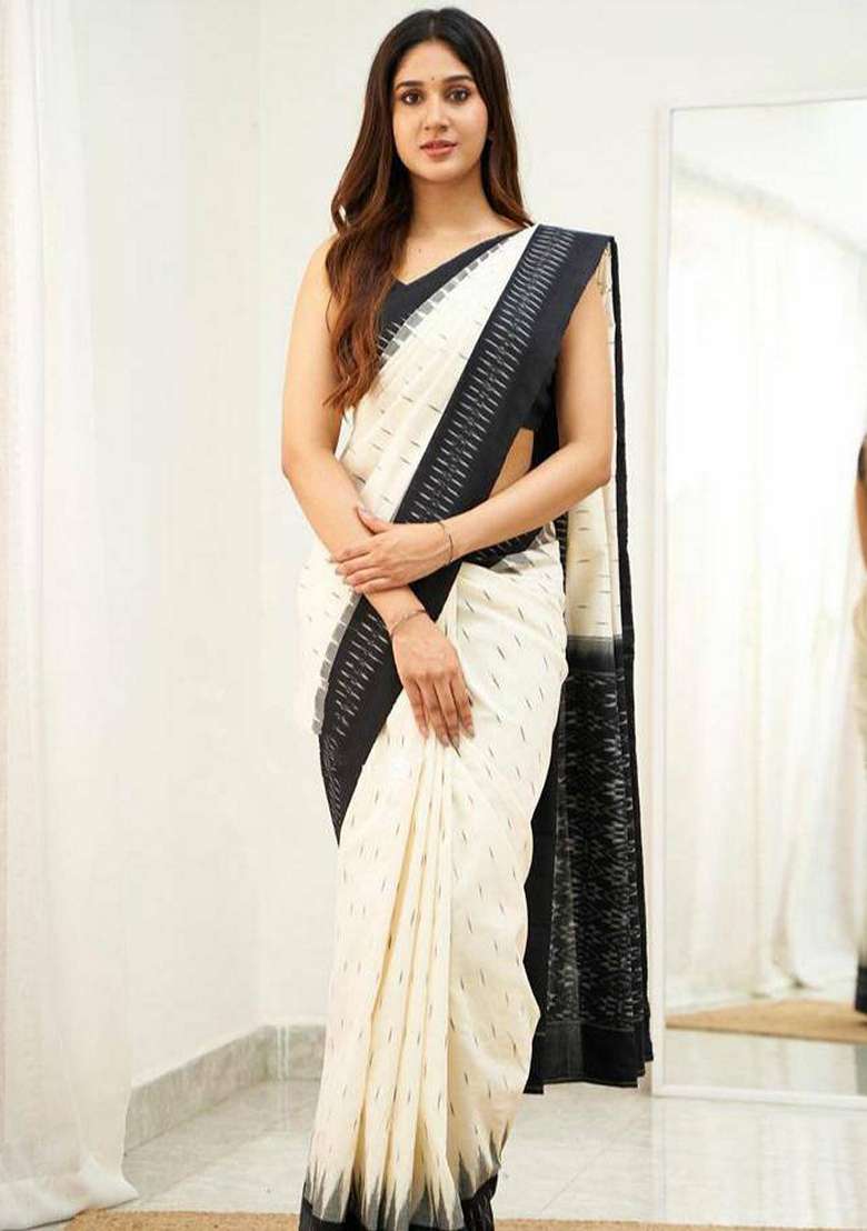 Cream Machine Embroidered Linen Saree Set - Indya