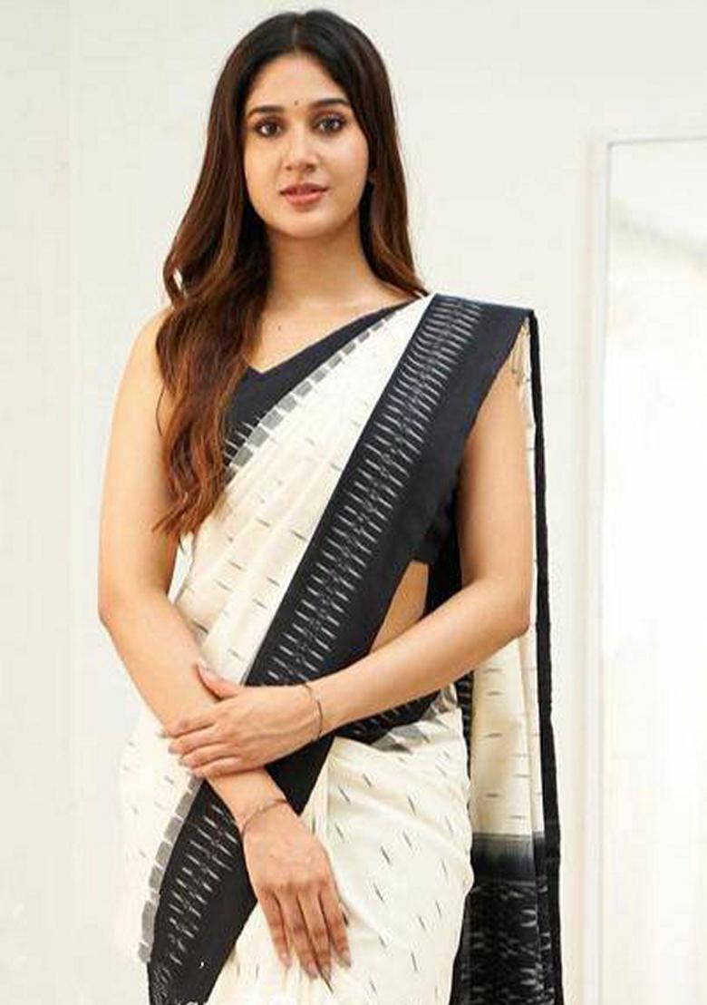 Cream Machine Embroidered Linen Saree Set