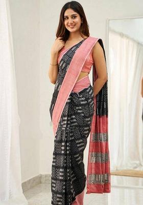 Black Machine Embroidered Linen Saree Set