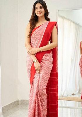 Peach Machine Embroidered Linen Saree Set