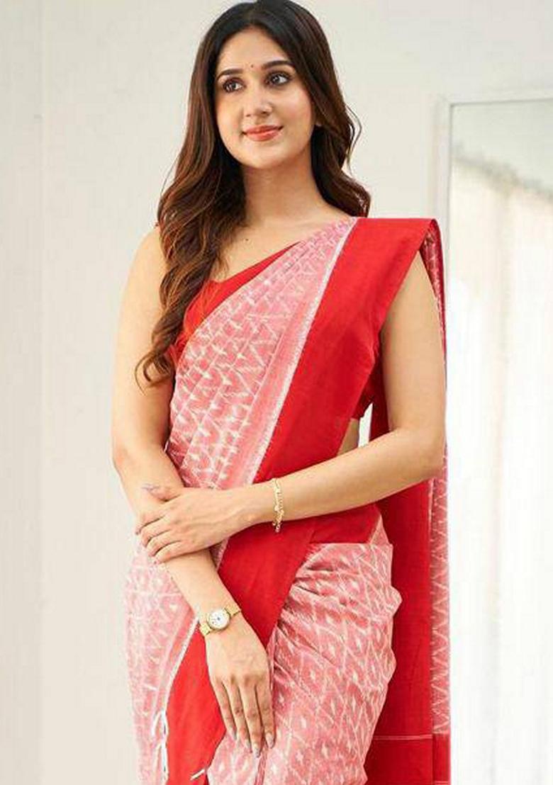 Peach Machine Embroidered Linen Saree Set