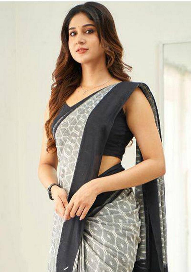 Grey Machine Embroidered Linen Saree Set