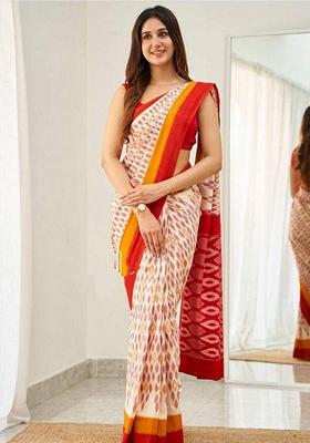 Cream Machine Embroidered Linen Saree Set