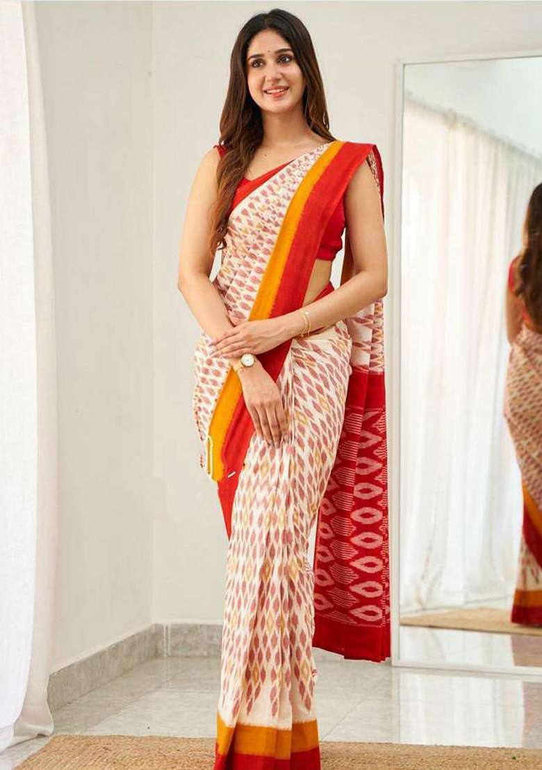 Cream Machine Embroidered Linen Saree Set - Indya