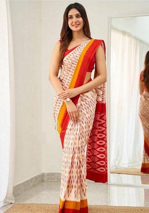 Cream Machine Embroidered Linen Saree Set