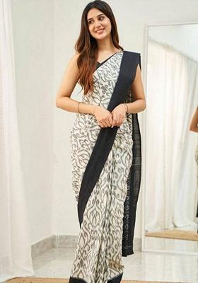 White Machine Embroidered Linen Saree Set