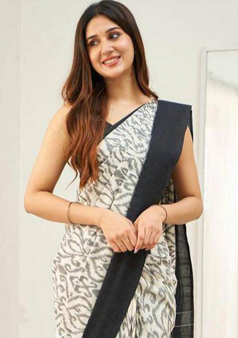 White Machine Embroidered Linen Saree Set