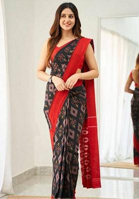 Black Machine Embroidered Linen Saree Set