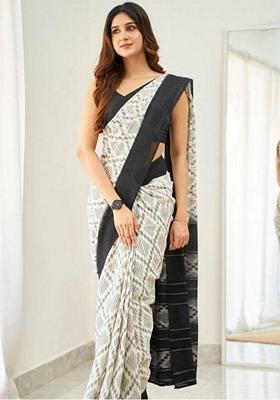 White Machine Embroidered Linen Saree Set