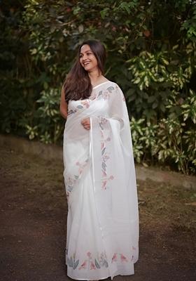 White Machine Embroidered Linen Saree Set