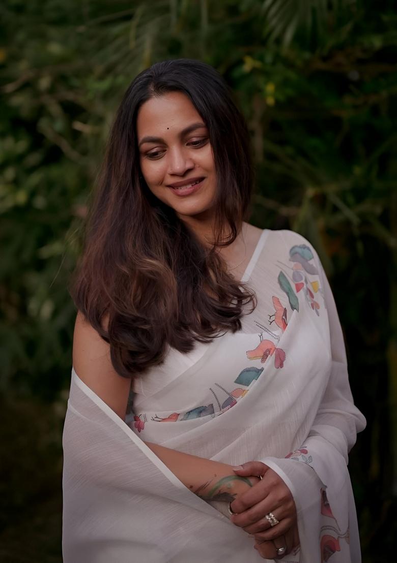 White Machine Embroidered Linen Saree Set