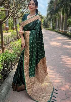 Green Machine Embroidered Lichi Silk Saree Set