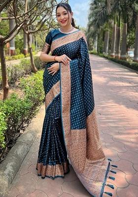 Blue Machine Embroidered Lichi Silk Saree Set